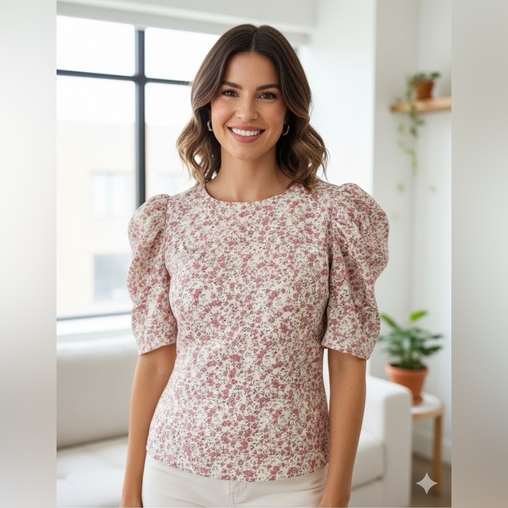 Cream  and Pink Ruffled Puff Sleeve Blouse